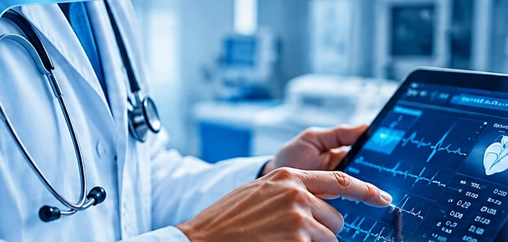 Profesional de salud consultando un electrocardiograma en una tableta